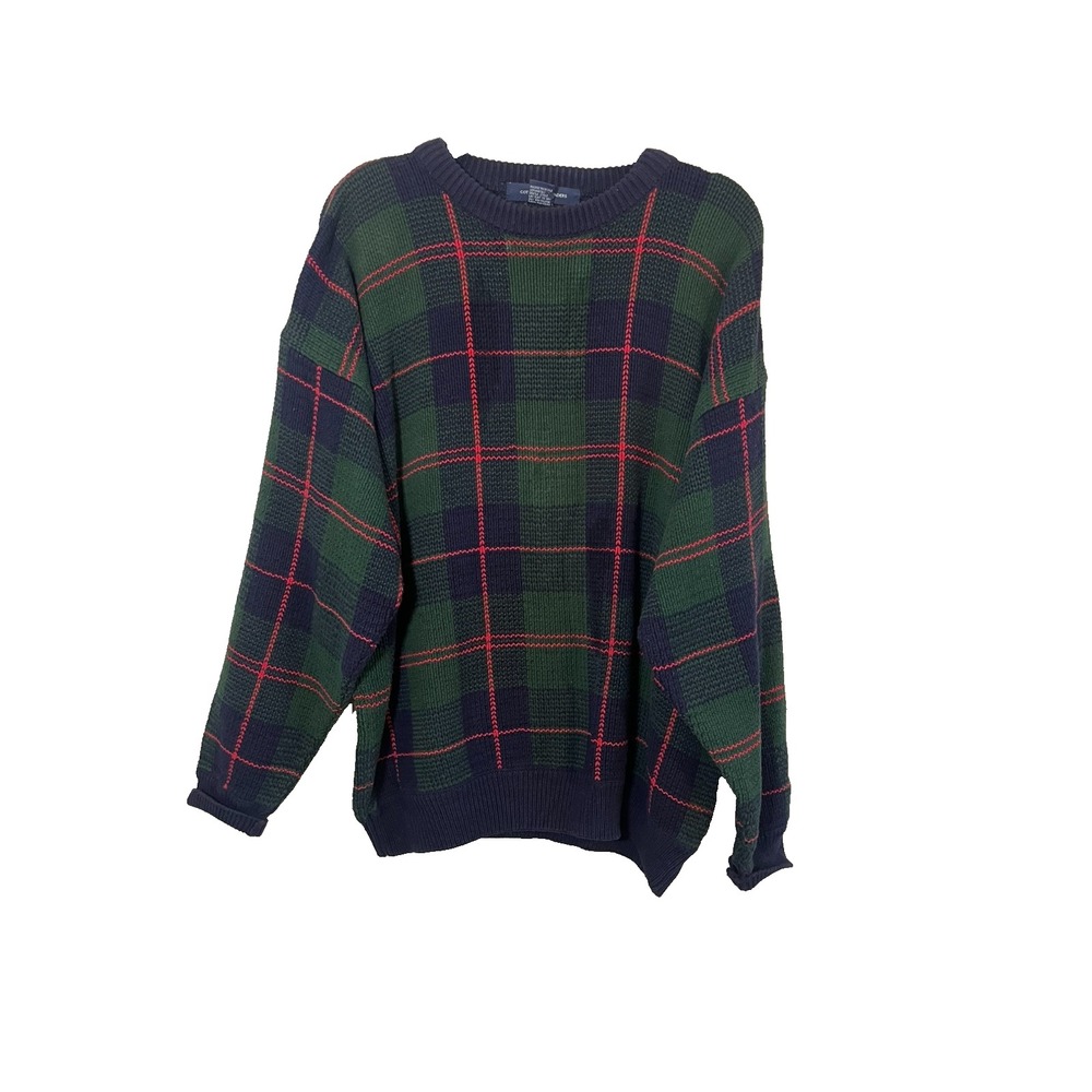 Retro Plaid Knit Sweater Blue L Academia Classic Preppy Heritage Checks 80s